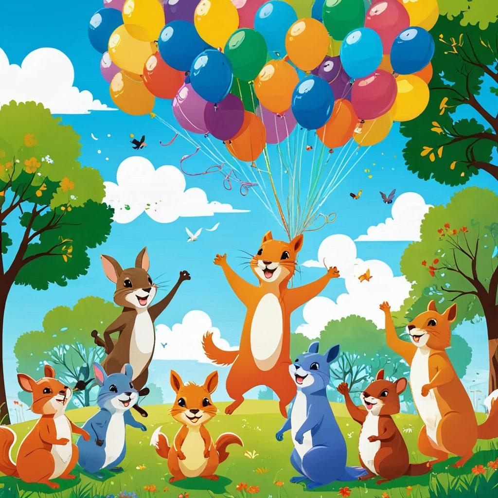 An illustration of a diverse group of friends laughing together in a sunlit park, surrounded by colorful balloons and playful animals, with whimsical speech bubbles filled with jokes floating around. The scene conveys joy and lightness, inviting viewers to immerse themselves in the power of laughter. cartoonish style. vibrant colors. sunny background.