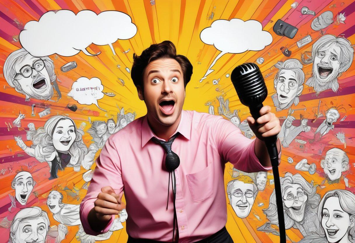 A colorful collage depicting comedians transforming their satirical ideas into sketches. Include a scene of a comedian on stage with a microphone, surrounded by sketches floating around them, showcasing exaggerated characters and humorous scenarios. Add vibrant elements like laughter and speech bubbles to convey comic relief. Style it in a dynamic, cartoonish art form with bold lines and bright colors.